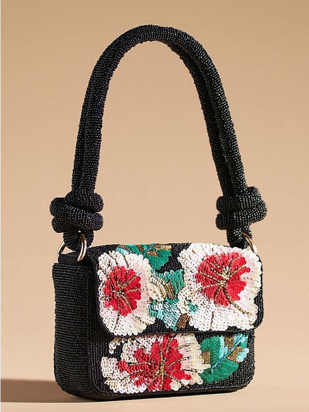 NWT new Anthropologie beaded knot floral shoulder bag black pink red flowers